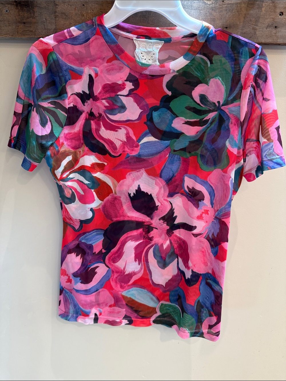 Johnny Was Jade Pink Multi Floral Mesh Crewneck Tee